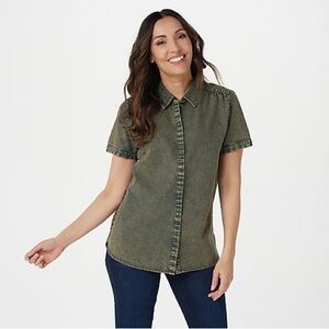 Joan Rivers Short Sleeve Denim Shirt w Back Detail A397481 Bark NWT 1X Deadstock